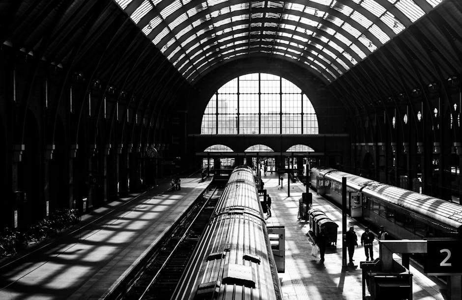 Interior view of a busy train station at Kings Cross with high, geometric ceiling panels made of interconnected triangular patterns allowing natural light to filter through. In the foreground, numerou